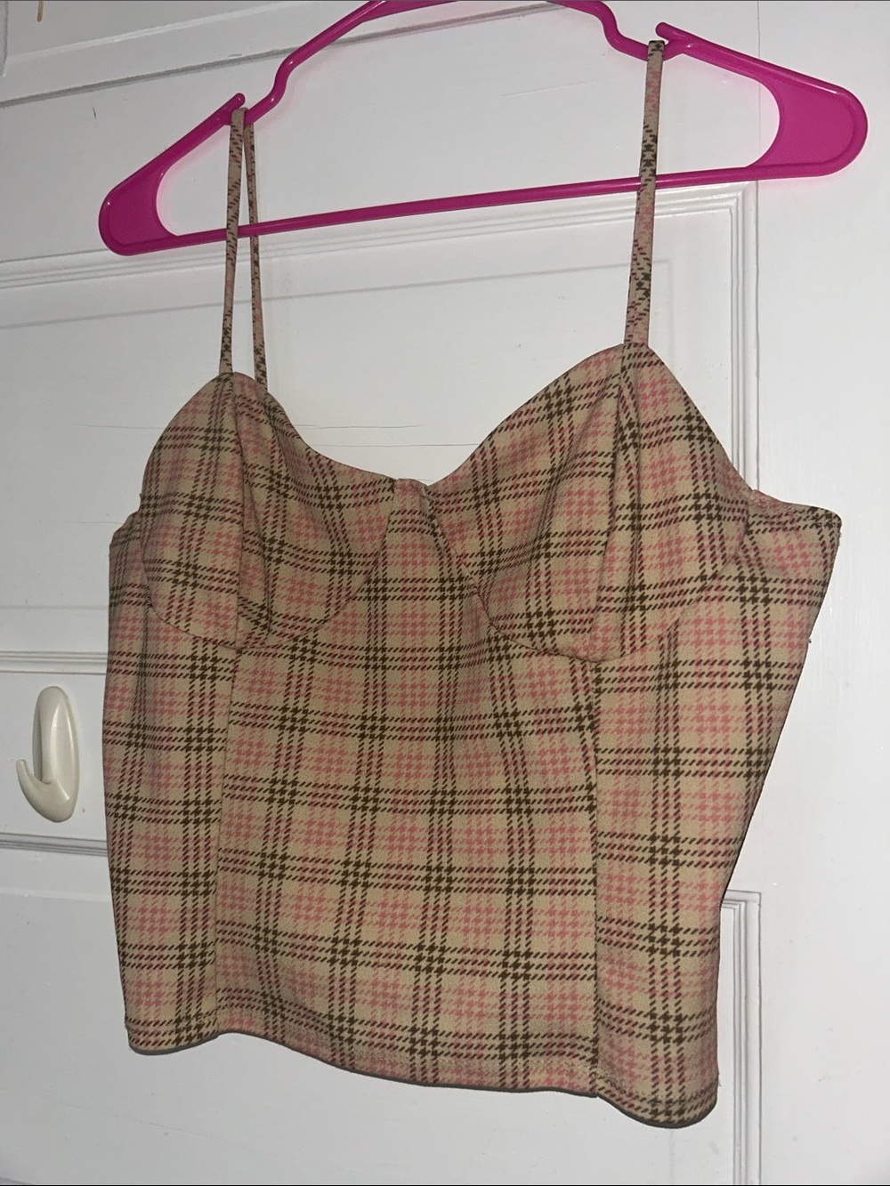 Timing Pink and Tan Plaid Spaghetti-Strap Bustier Top